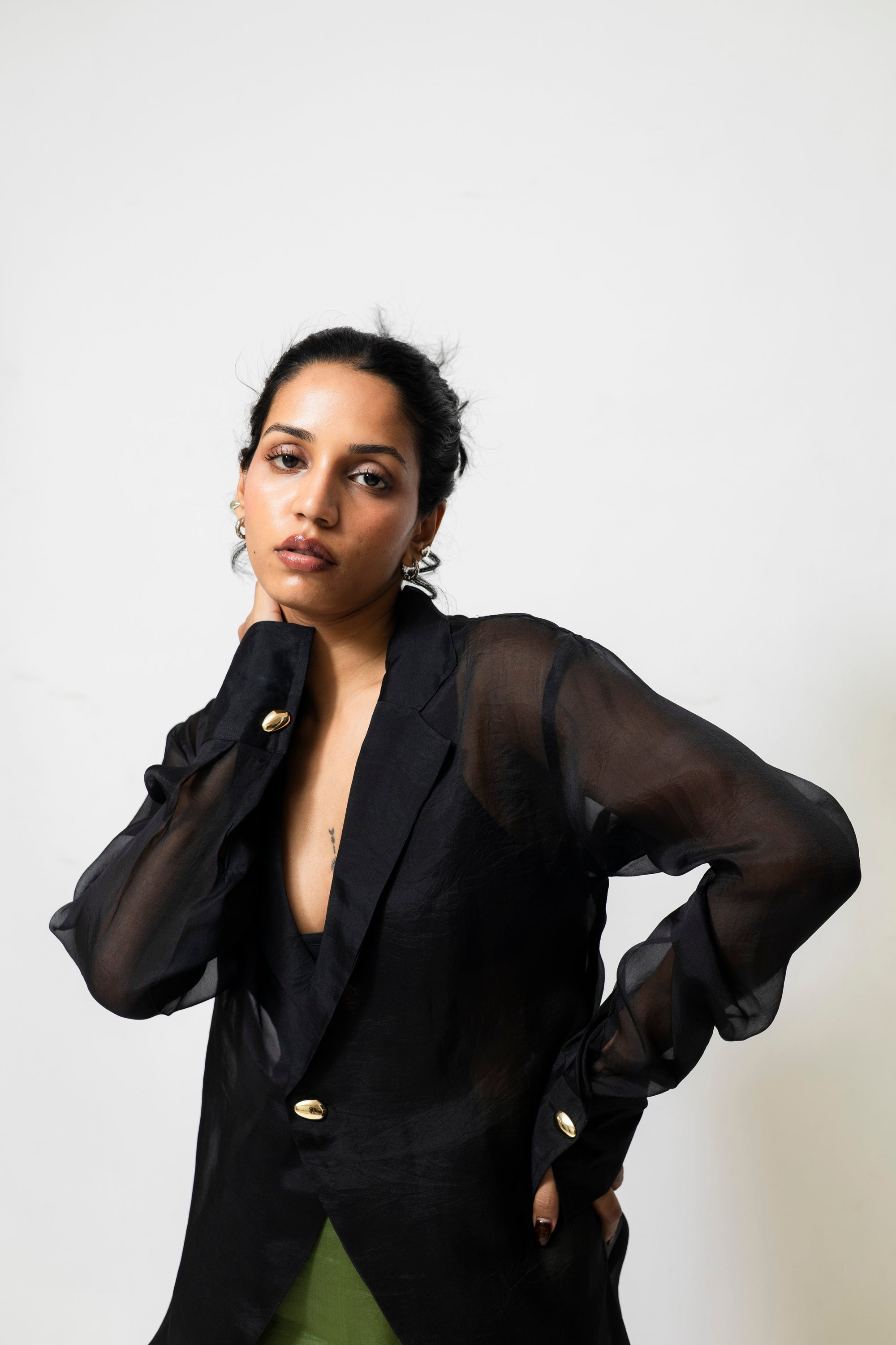 Amalia Sheer Organza Silk Blazer Black