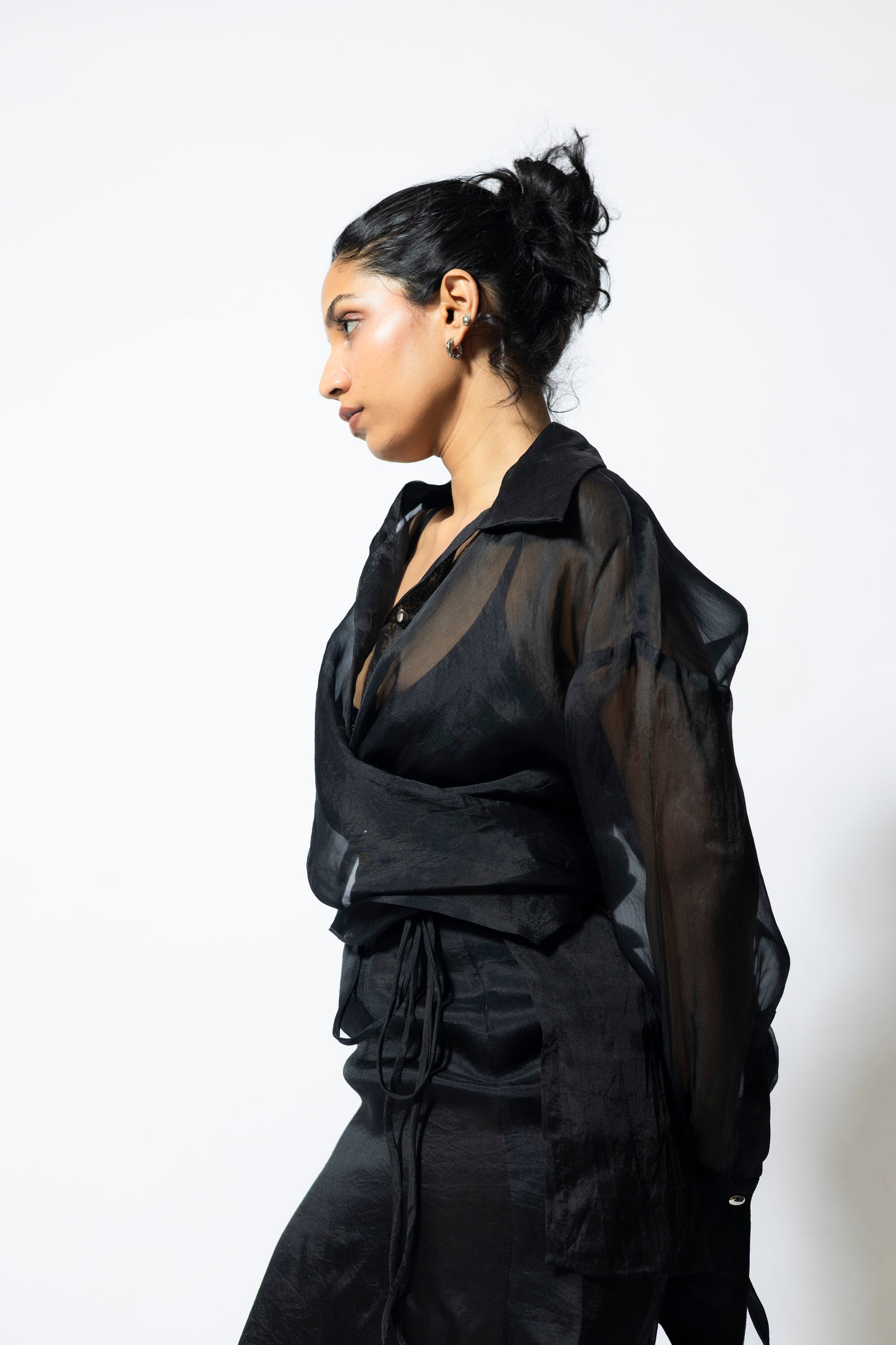 Hugo Sheer Organza Silk Wrap Shirt Black