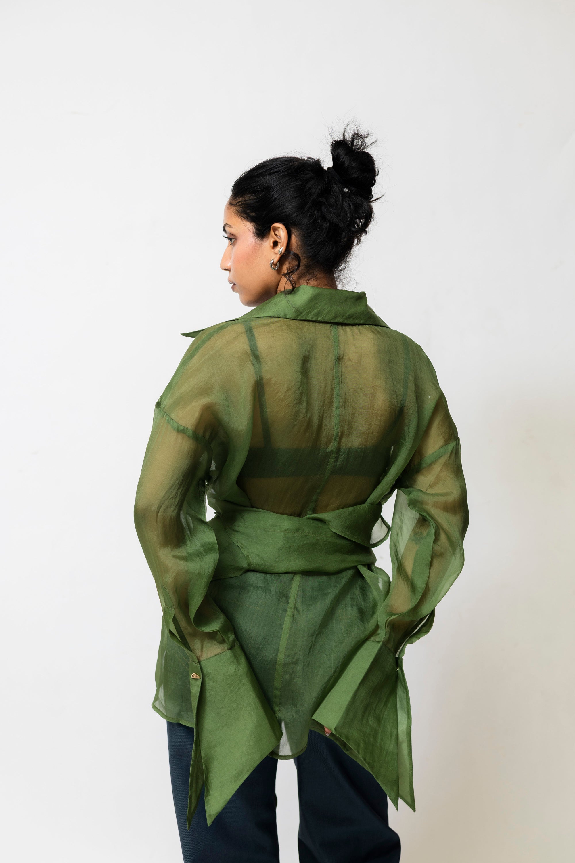 Hugo Sheer Organza Silk Wrap Shirt Green