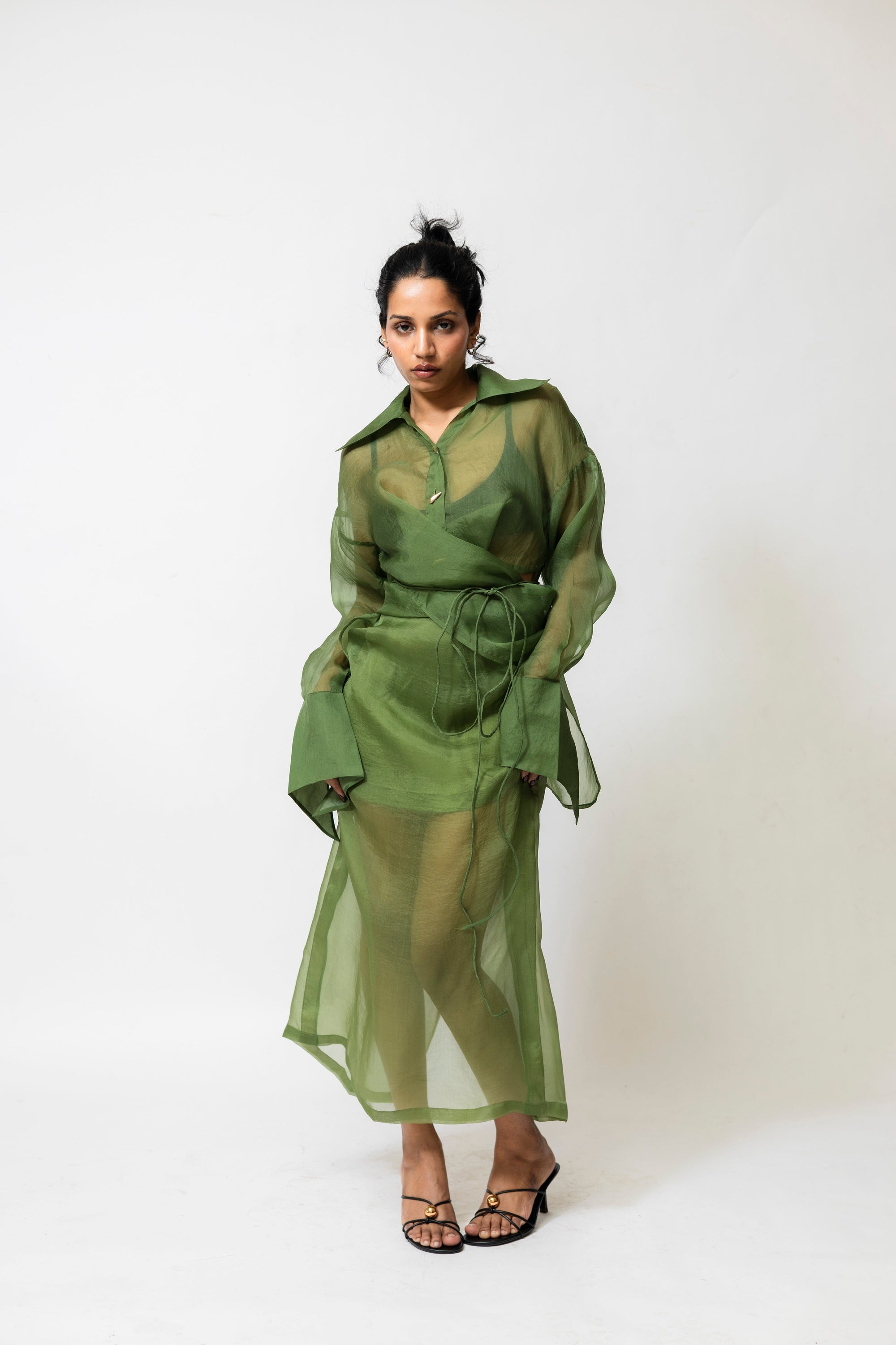 Hugo Sheer Organza Silk Wrap Shirt Green
