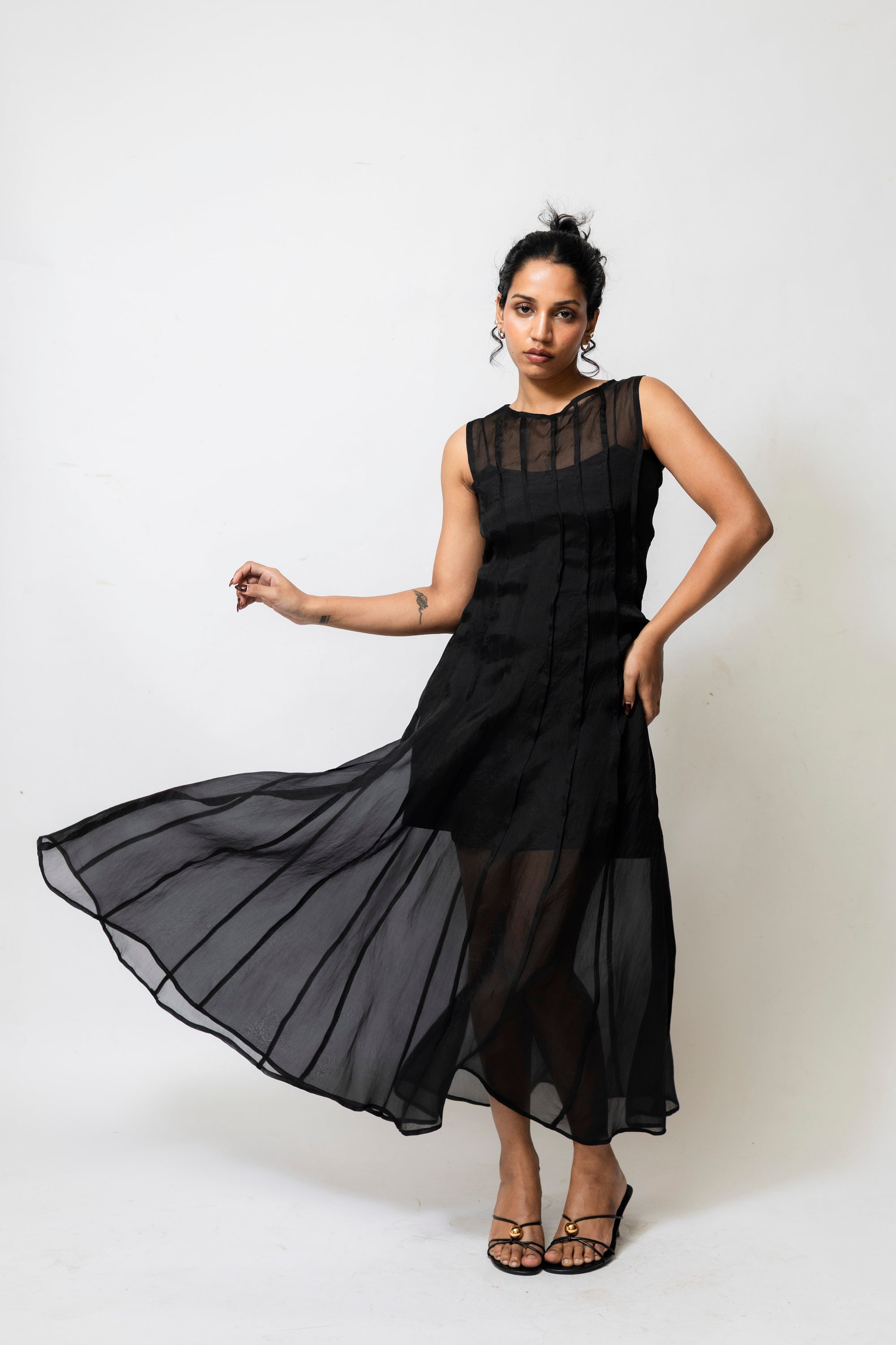 Lulu Organza Silk Sheer Midi Dress with Satin Slip Black