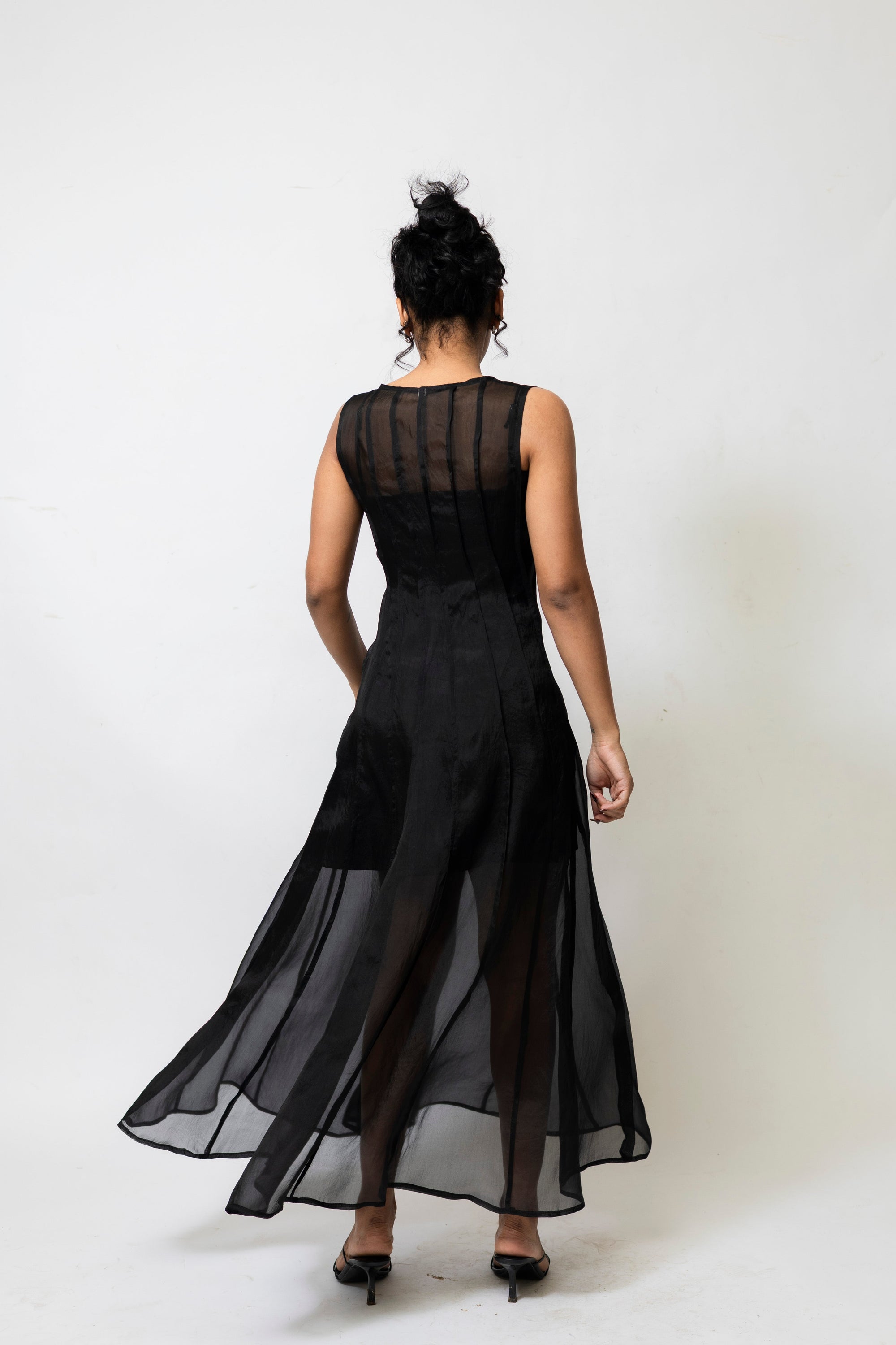 Lulu Organza Silk Sheer Midi Dress with Satin Slip Black